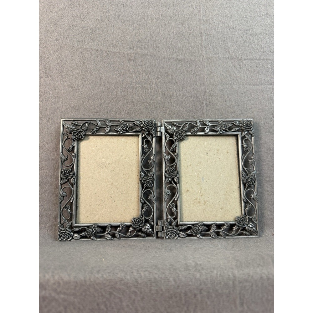 Vintage Folding Double Frame Silver tone Rose Design